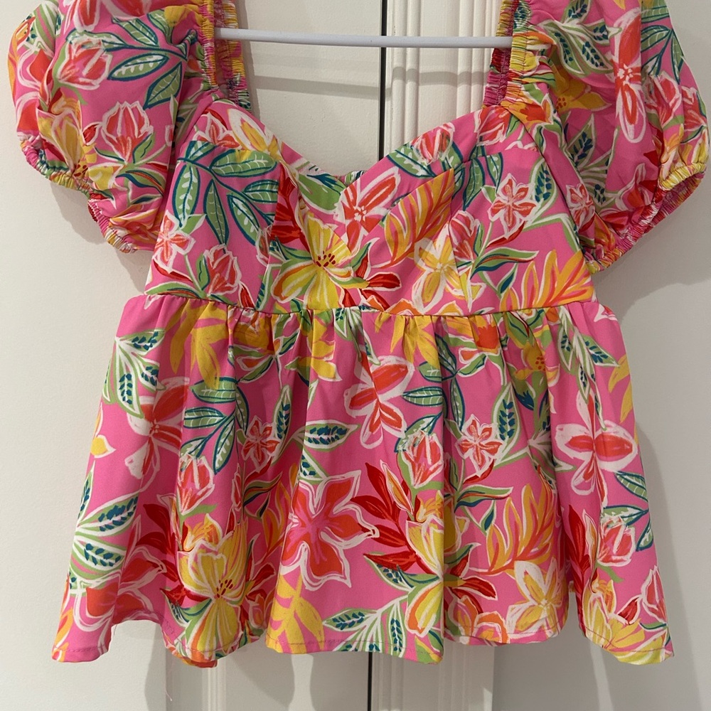 SHEIN Pink Floral Puff Sleeve Blouse